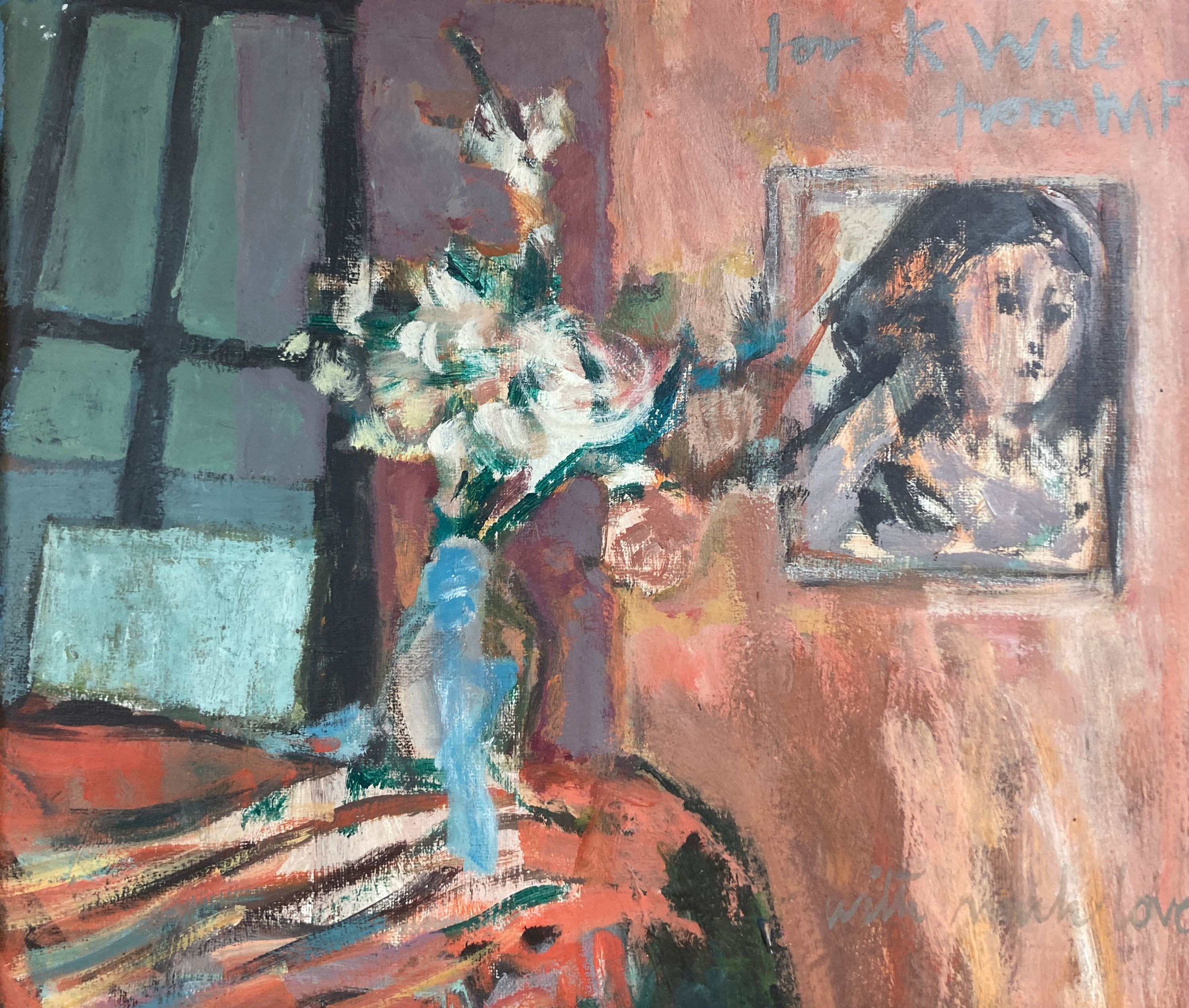 Myrta Fisher (1917-1999), oil on canvas, 'Flowers on tabletop', inscribed, 42 x 50cm.